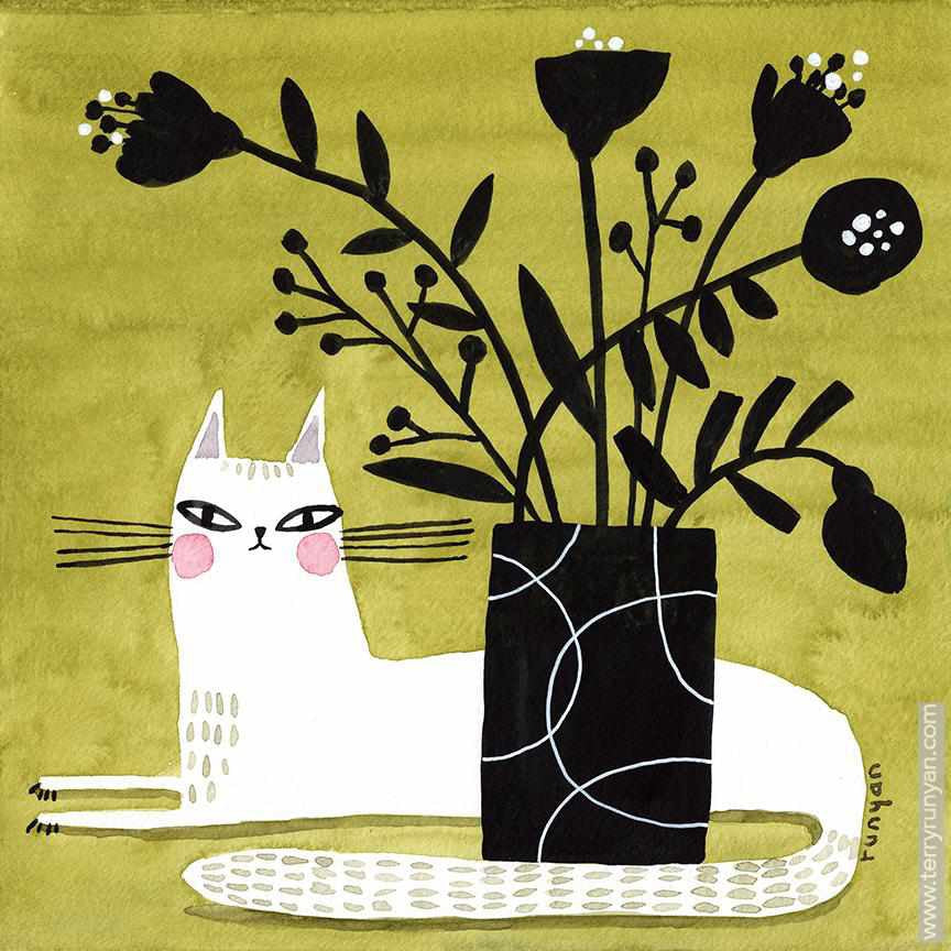 White Cat & Plant!-Terry Runyan Creative