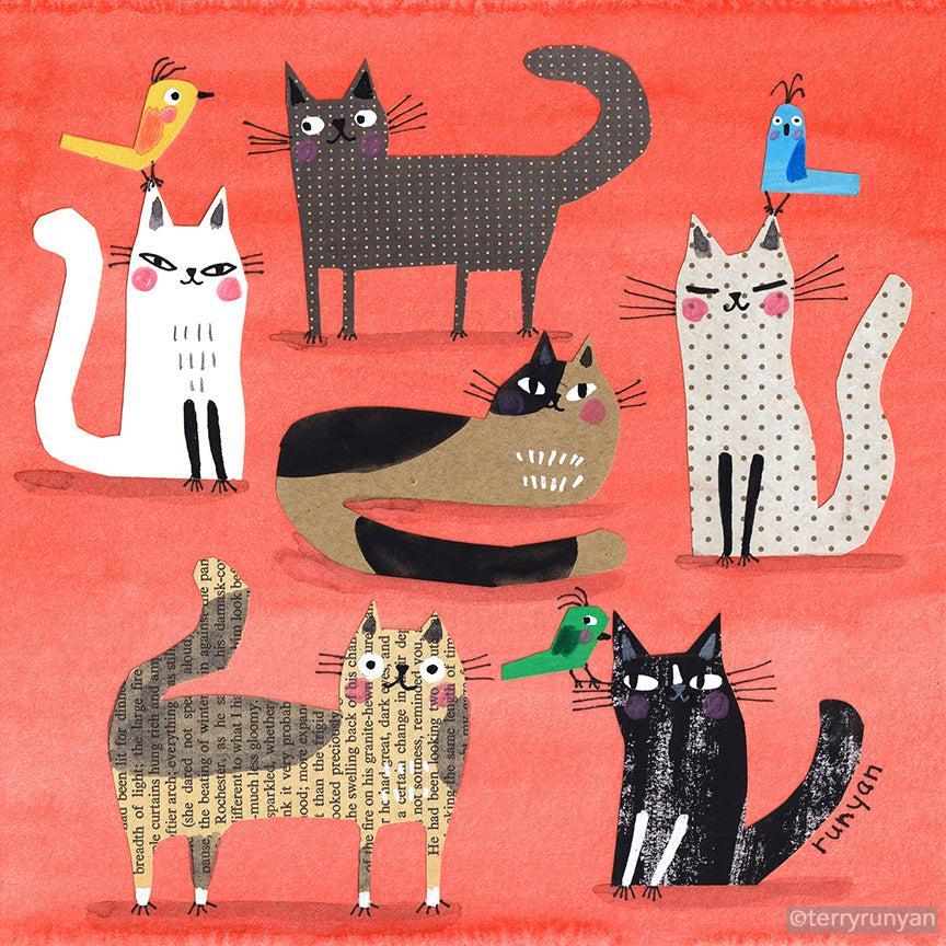 Birds & Cats on Red! Happy #caturday-Terry Runyan Creative