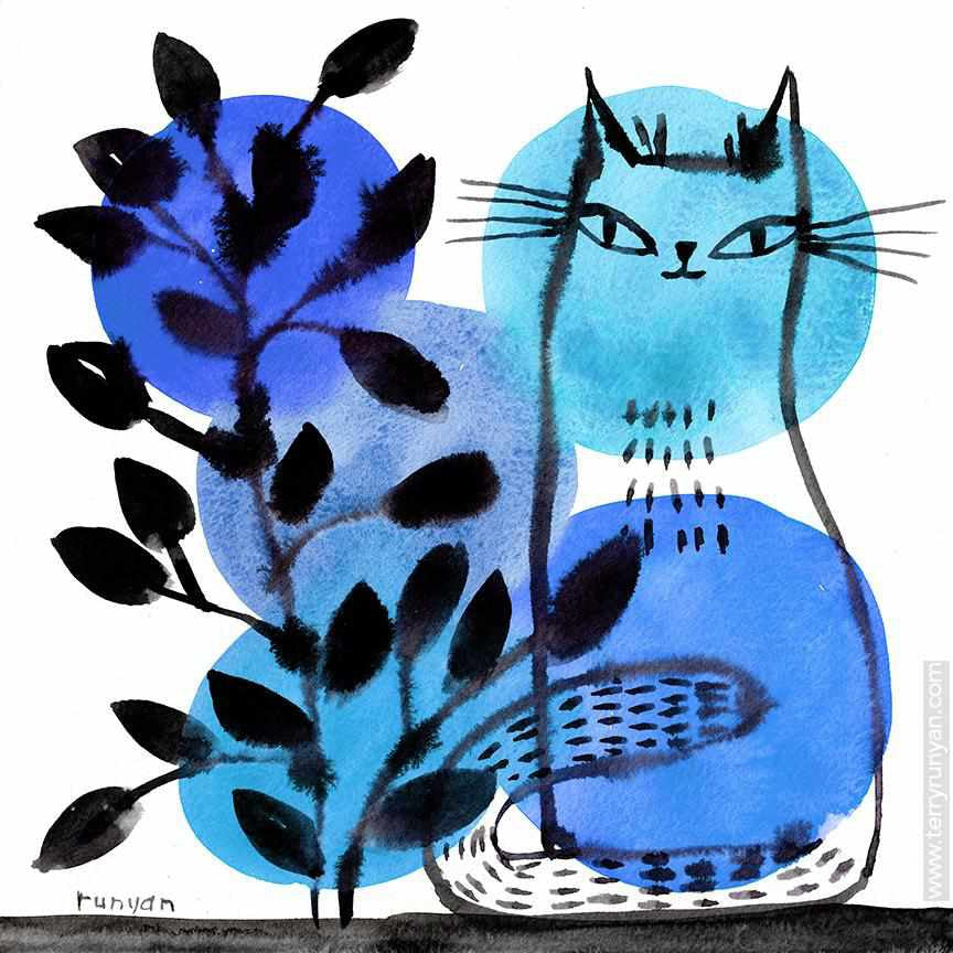 Blue Cat & Plant-Terry Runyan Creative