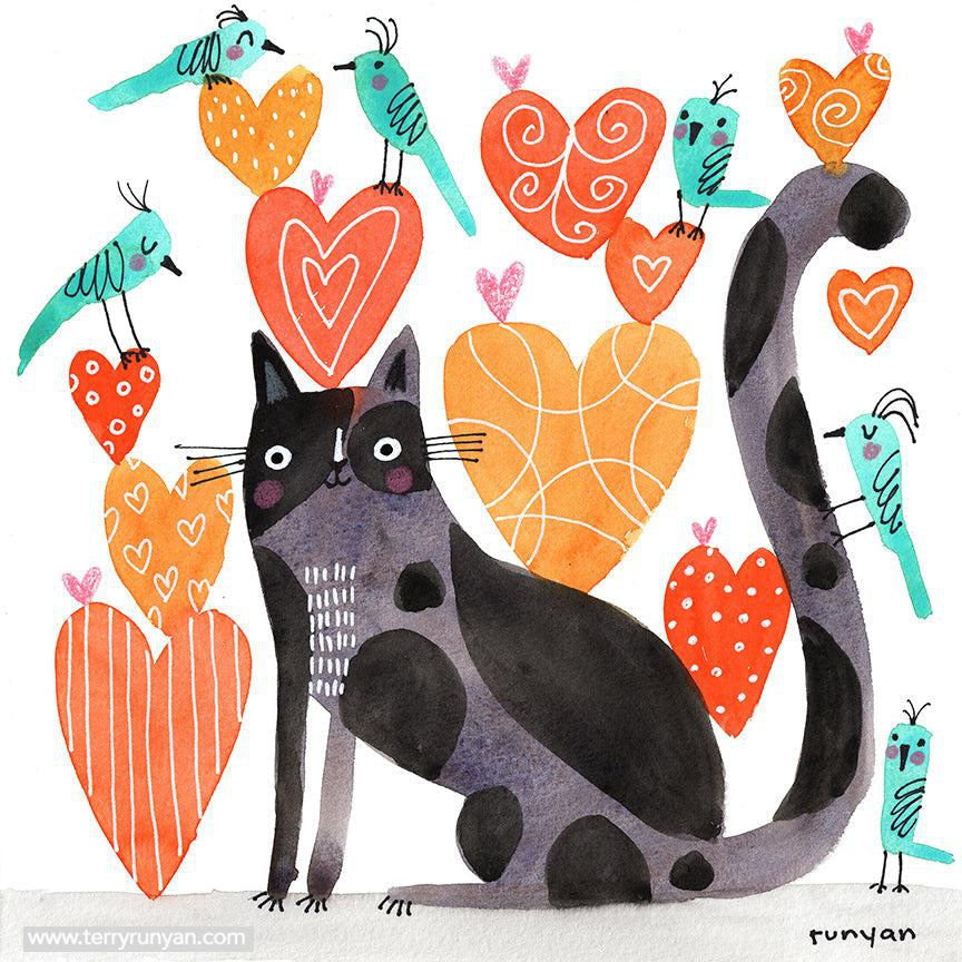 Valentine Cat & Birds!-Terry Runyan Creative