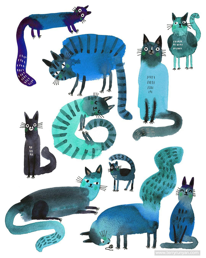 Watercolor Blue Blob Cats!-Terry Runyan Creative