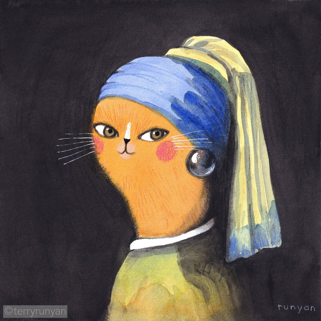 CAT WITH PEARL EARRINGS-Art Print-Terry Runyan Creative-Terry Runyan Creative