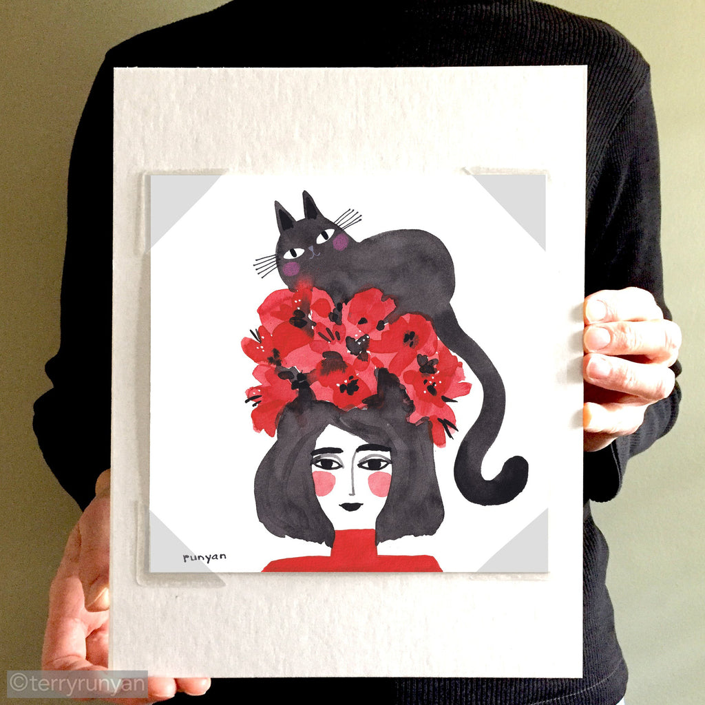 RED FLOWER CAT HAT-Original Artwork-Terry Runyan Creative-Terry Runyan Creative
