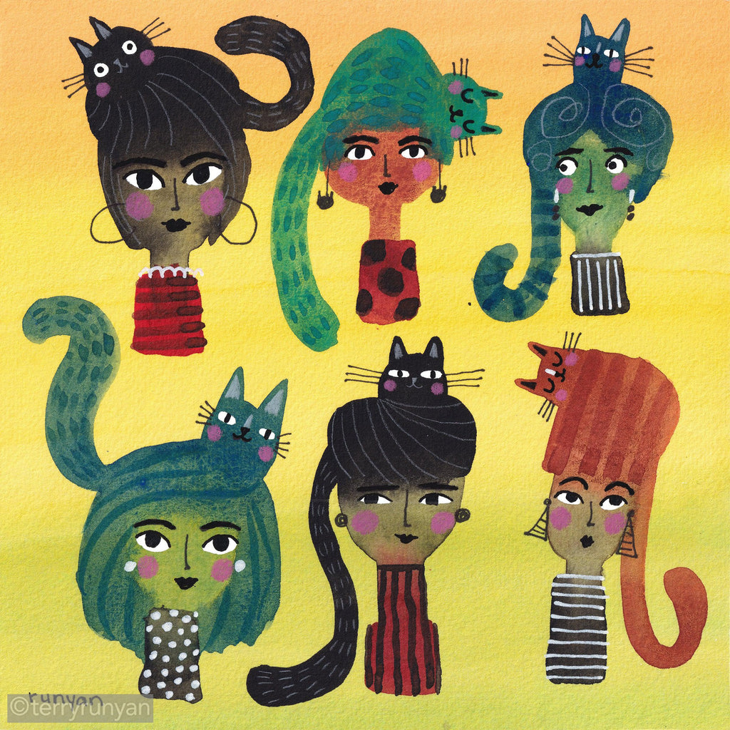 WATERCOLOR CAT HATS-Original Artwork-Terry Runyan Creative-Terry Runyan Creative