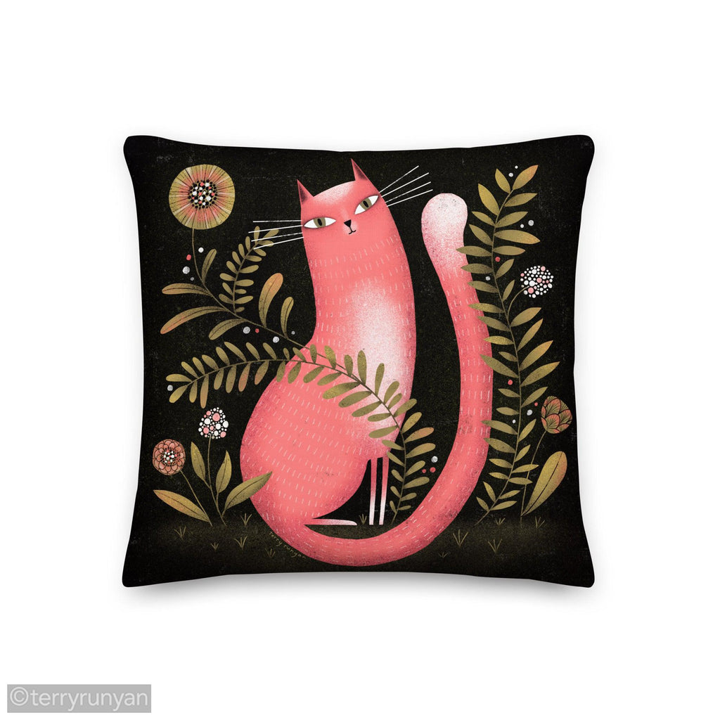 PINK GARDEN CAT Premium Pillow-Throw Pillows-Terry Runyan Creative-Terry Runyan Creative