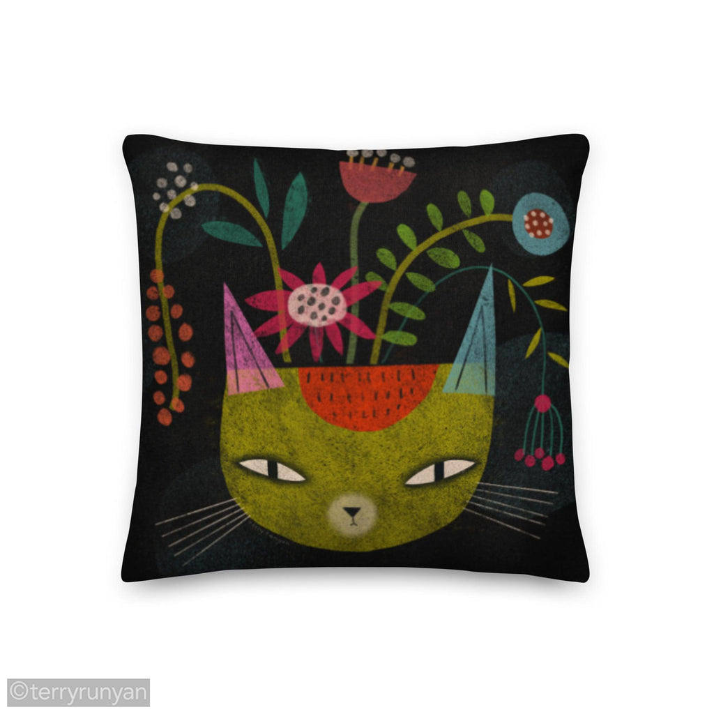 FLOWER FELINE Premium Pillow-Throw Pillows-Terry Runyan Creative-Terry Runyan Creative