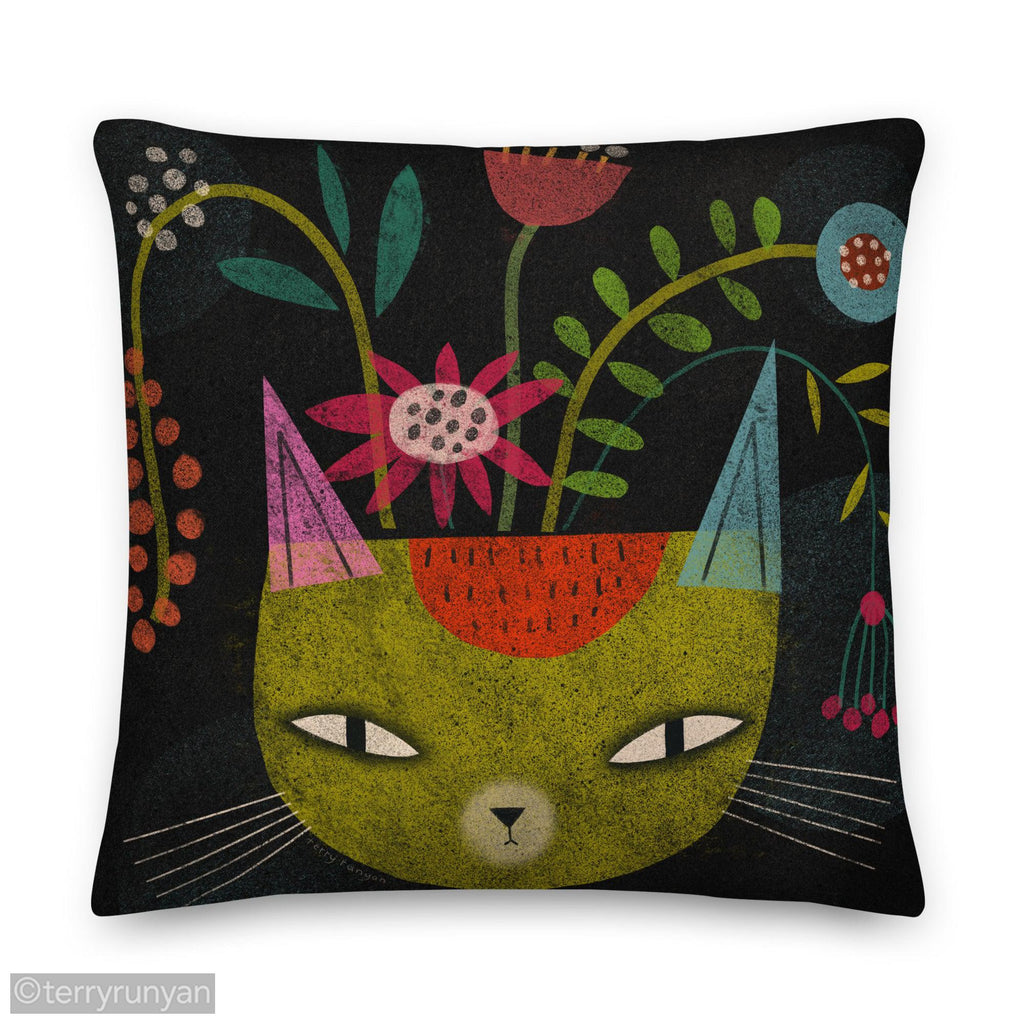 FLOWER FELINE Premium Pillow-Throw Pillows-Terry Runyan Creative-Terry Runyan Creative