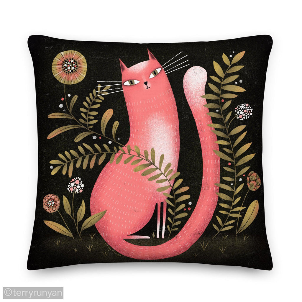 PINK GARDEN CAT Premium Pillow-Throw Pillows-Terry Runyan Creative-Terry Runyan Creative