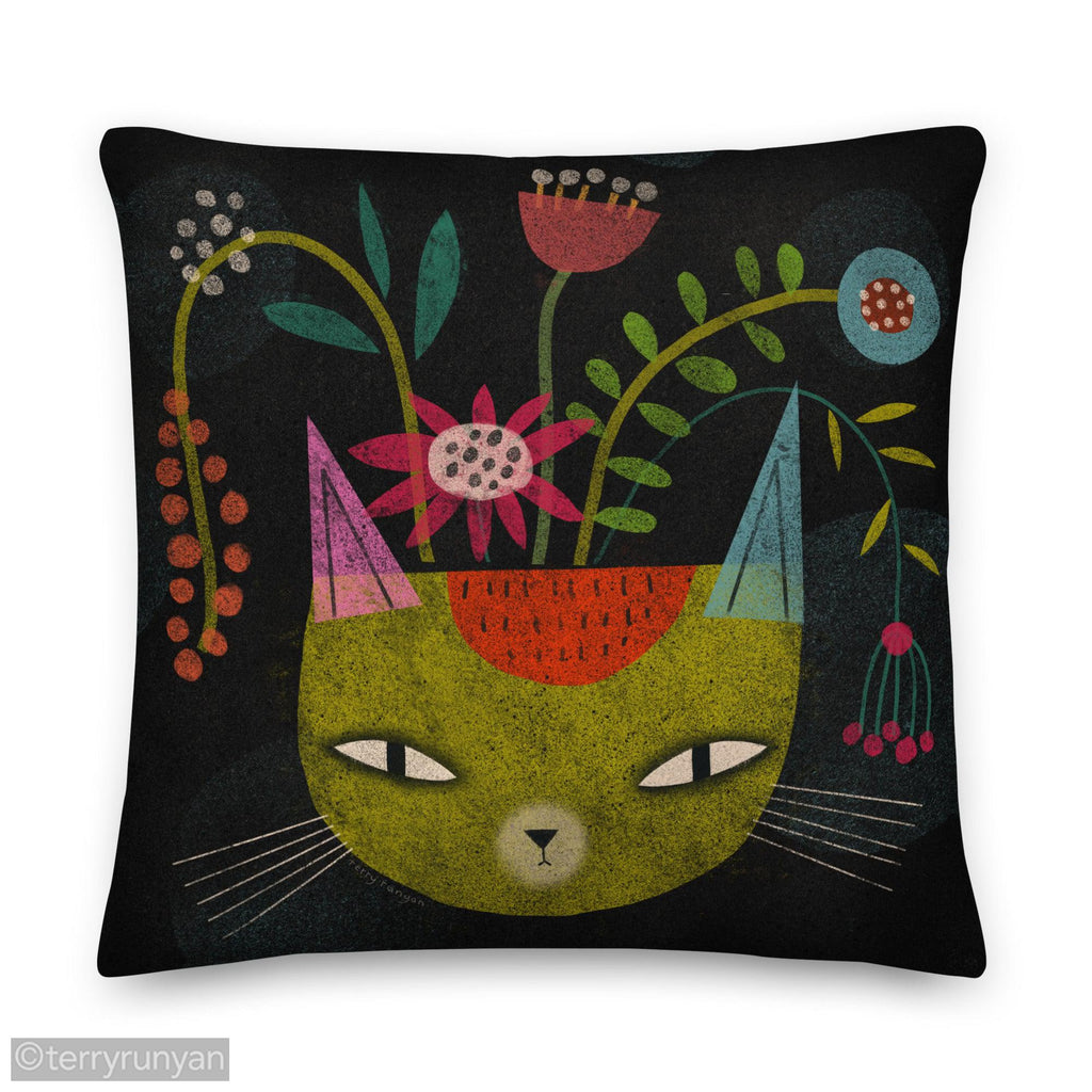 FLOWER FELINE Premium Pillow-Throw Pillows-Terry Runyan Creative-Terry Runyan Creative