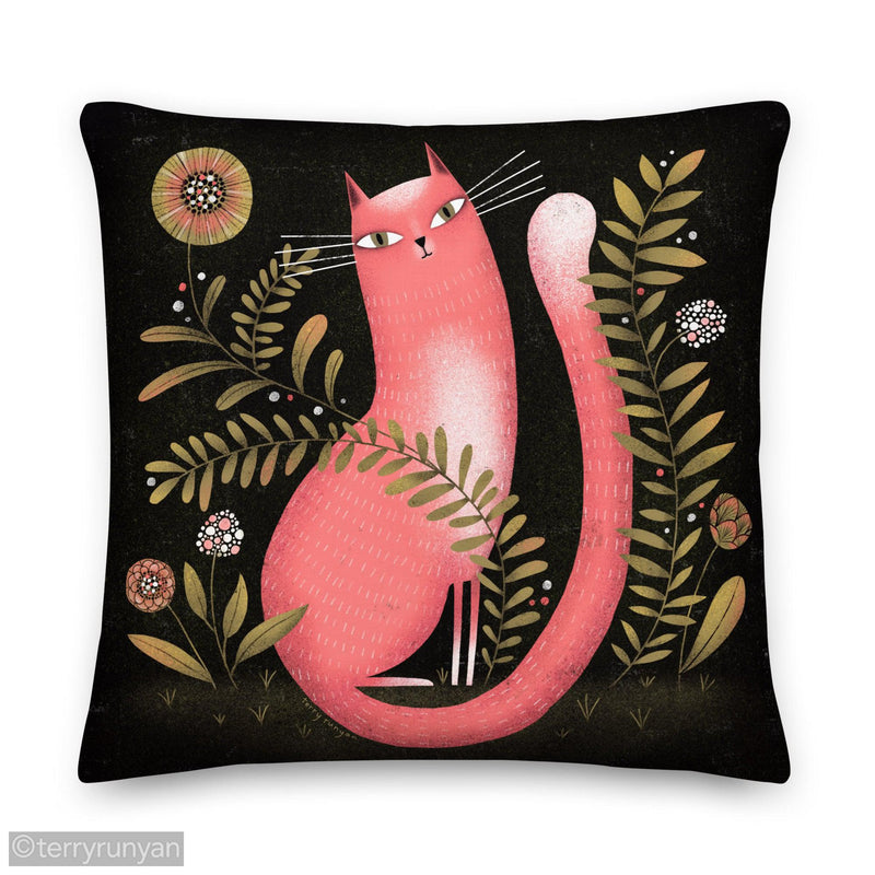 PINK GARDEN CAT Premium Pillow-Throw Pillows-Terry Runyan Creative-Terry Runyan Creative