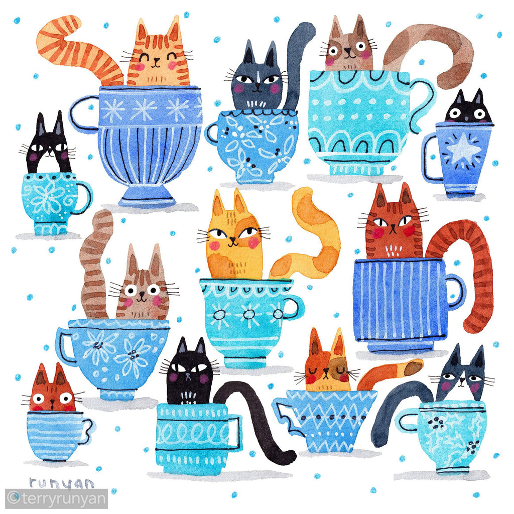 TEACUP CATS-Art Print-Terry Runyan Creative-Terry Runyan Creative