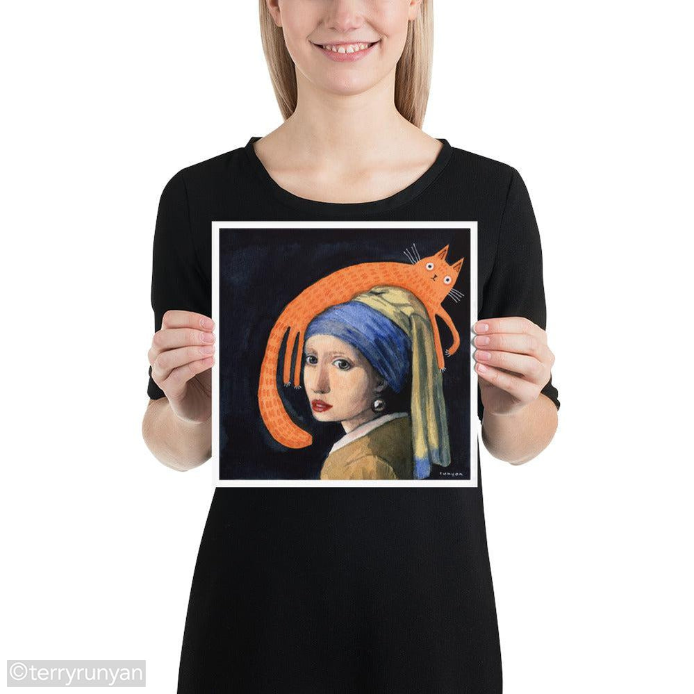 GIRL WITH PEARL EARRING & CAT-Art Print-Terry Runyan Creative-Terry Runyan Creative