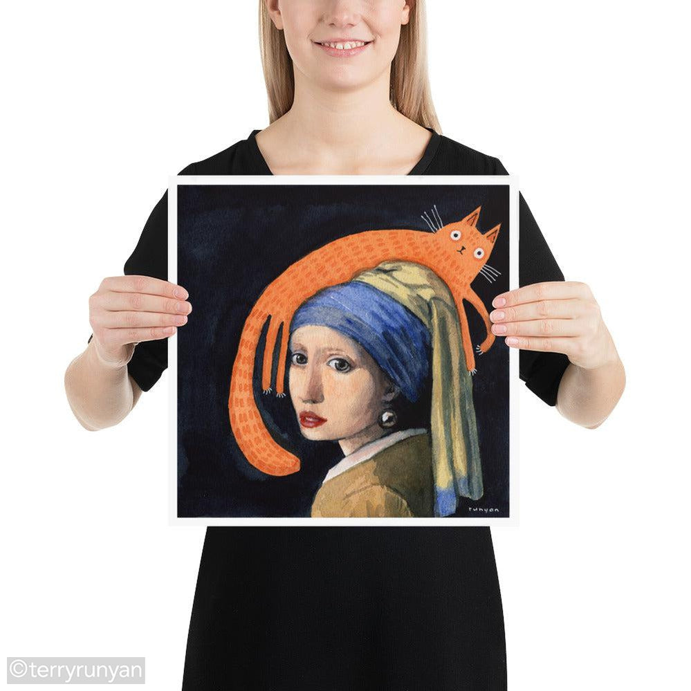 GIRL WITH PEARL EARRING & CAT-Art Print-Terry Runyan Creative-Terry Runyan Creative